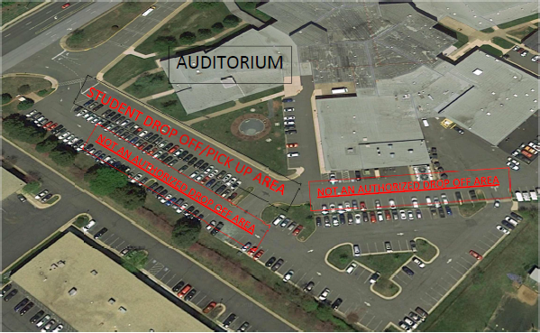 Aerial view of a school campus showing the auditorium and parking lots, with annotated red boxes marking the student drop-off/pick-up area and areas labeled as not authorized for drop-off.